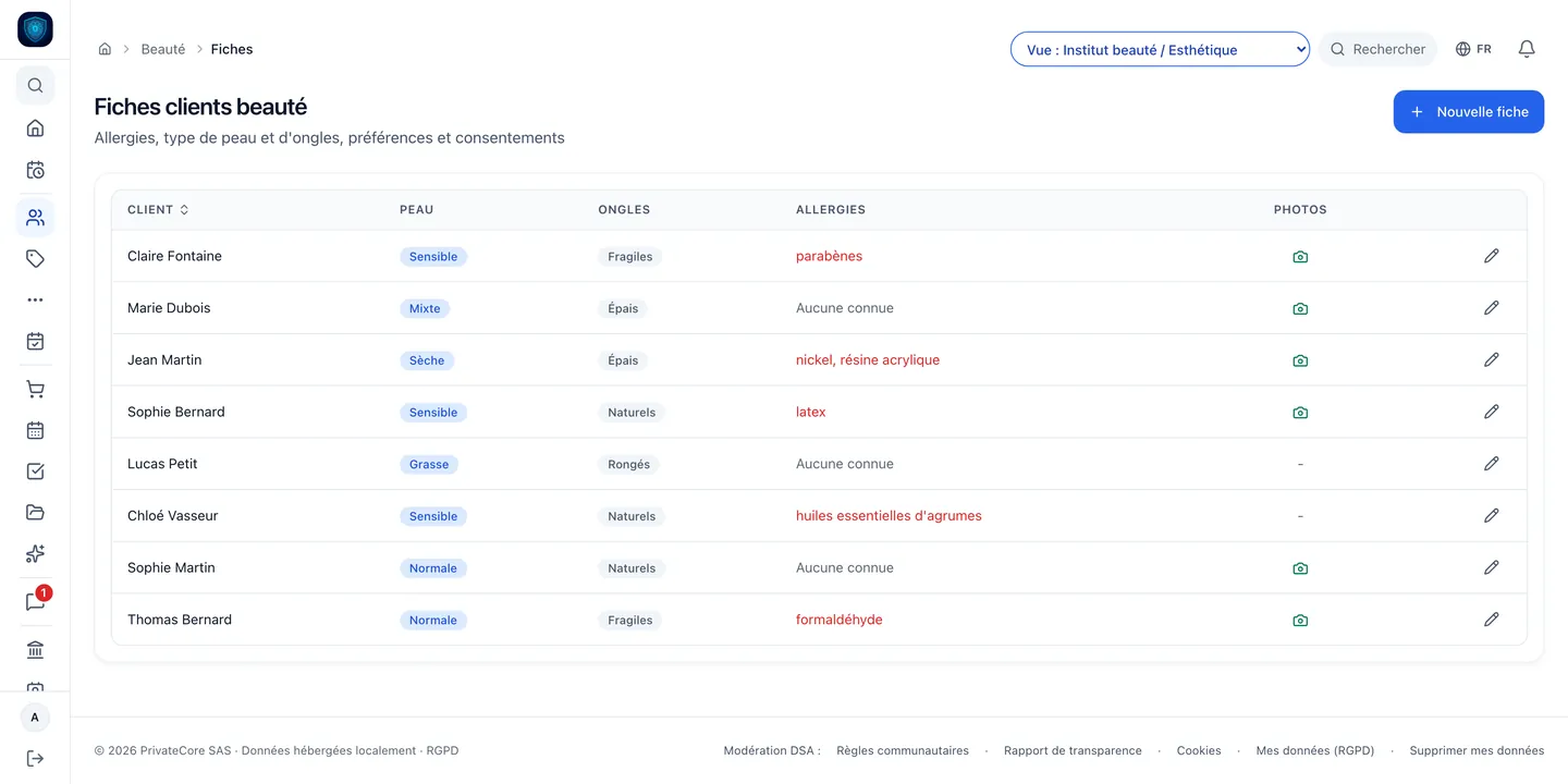 Fiches clientes, La fiche cliente : historique des soins, fidélité gagnée, contre-indications.