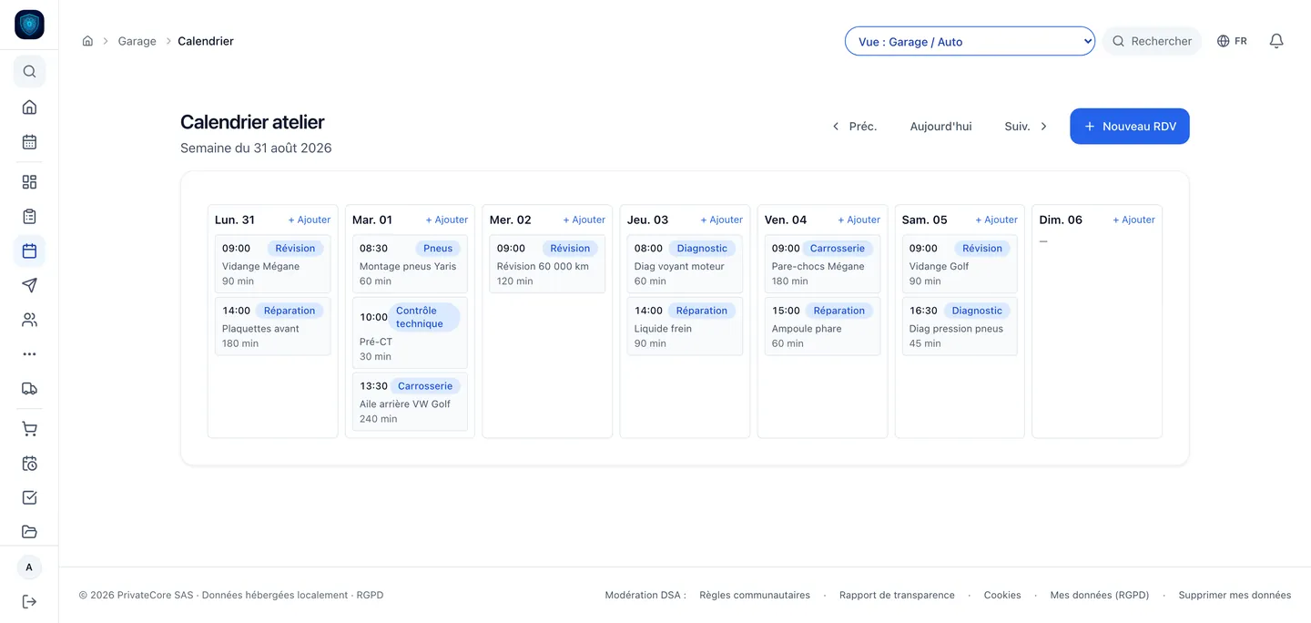 Planning baies, Les rendez-vous atelier posés baie par baie, jour après jour.