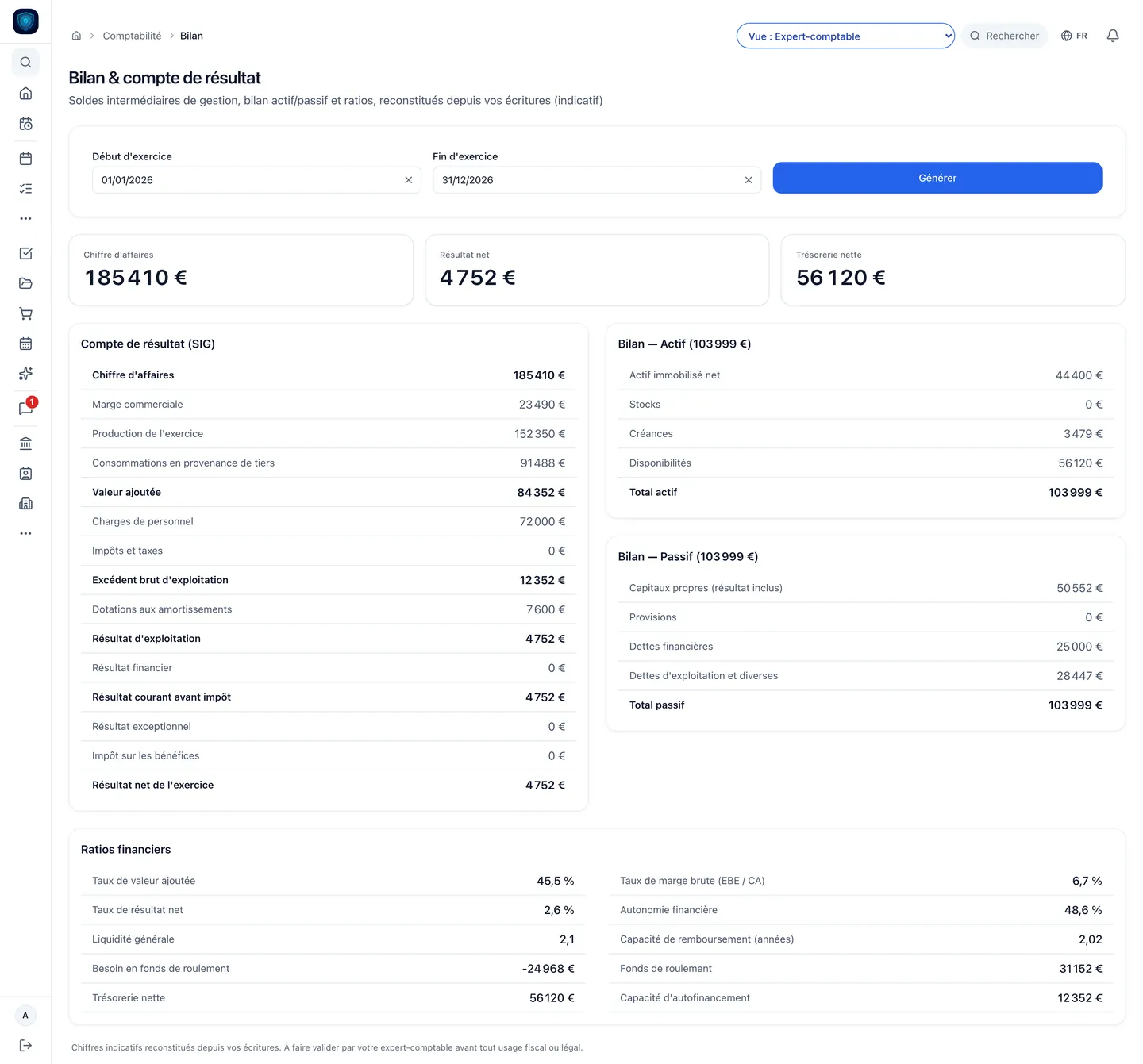 Bilan, Le bilan et le compte de résultat, calculés sur vos écritures du jour.
