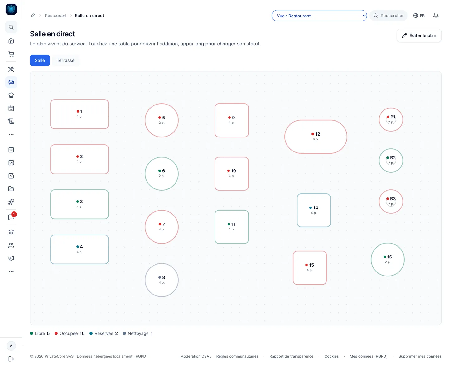 Salle, Le plan de salle réel : tables, couverts, tickets ouverts, addition par QR.