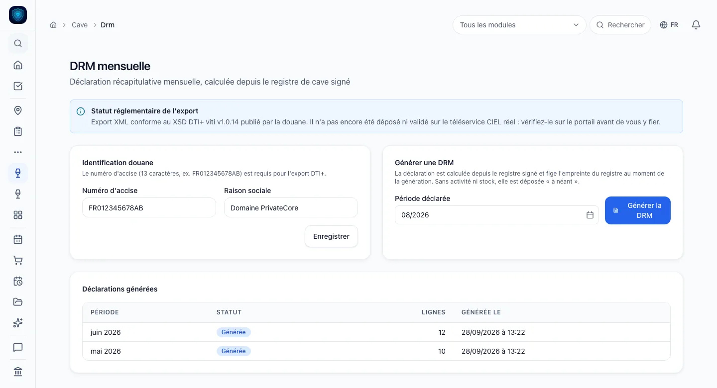 DRM mensuelle, La DRM du mois, calculée depuis le registre, exportée en XML à déposer sur le portail des douanes.